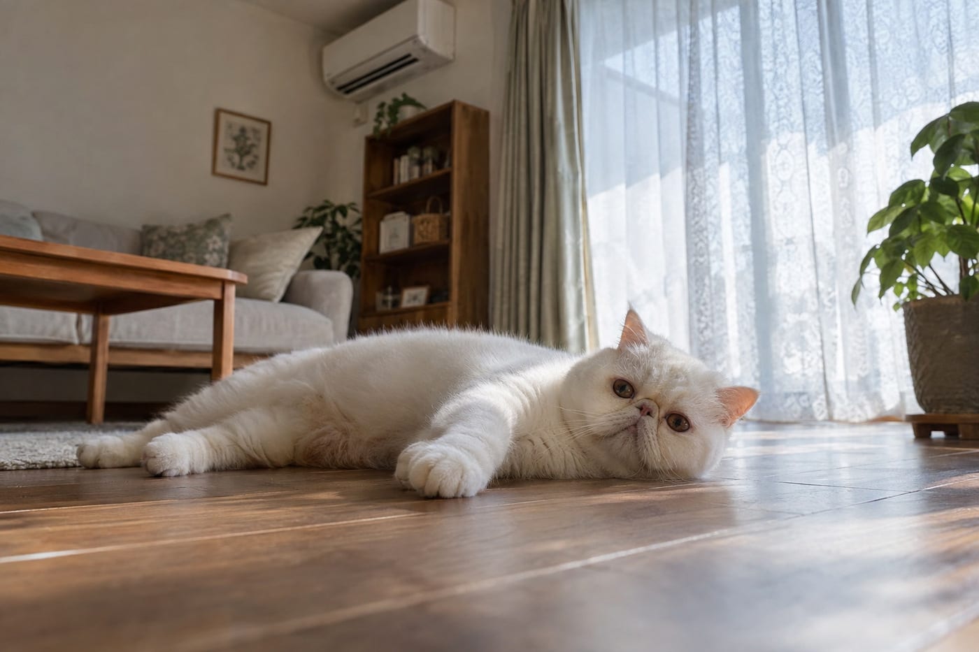 夏の昼、カーテンを引いた居間の床で横になる白いエキゾチックショートヘア。壁の高い位置でエアコンが動いている