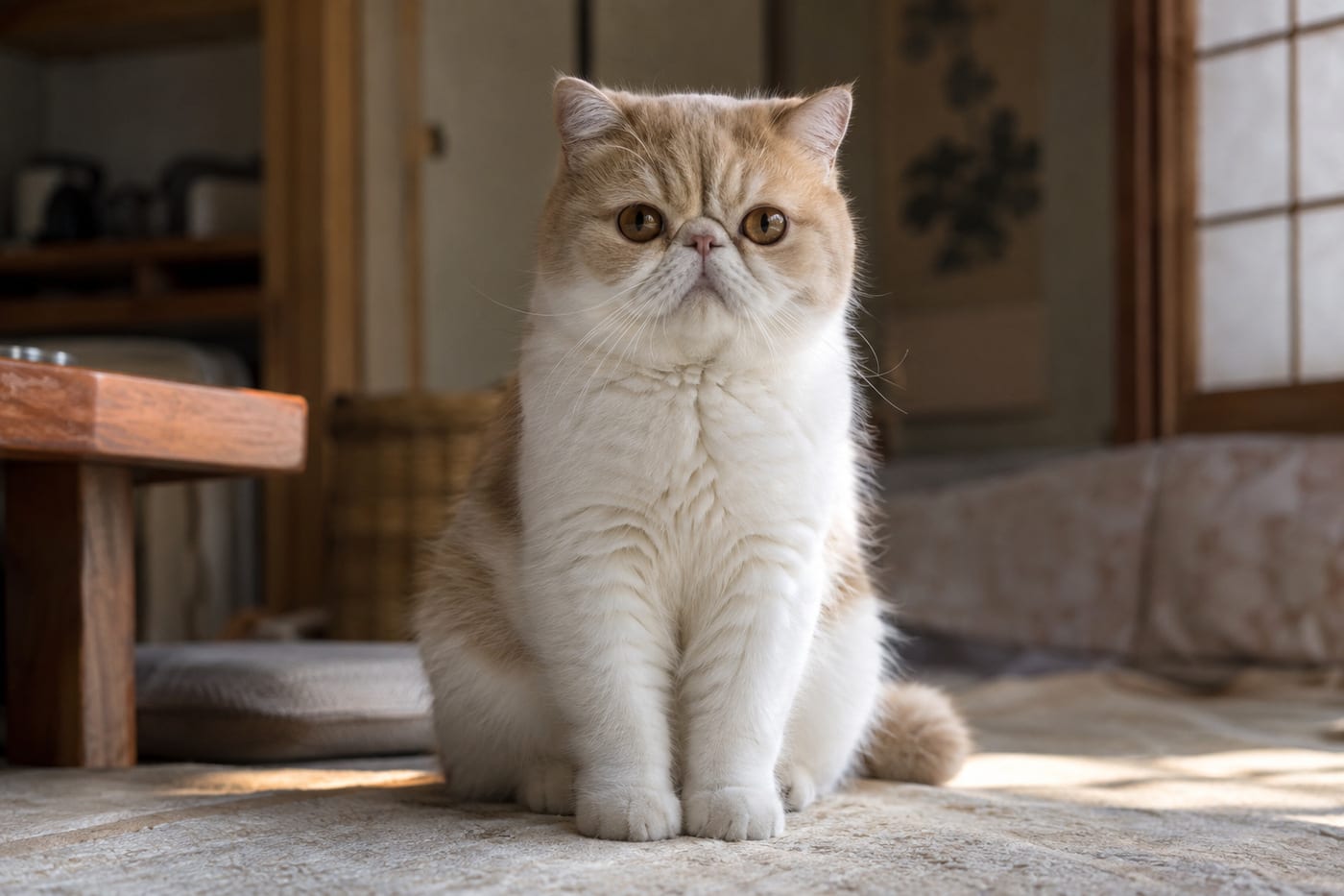 正面を向いて穏やかに座るクリームと白のエキゾチックショートヘア。左右の鼻の穴が開き、口は閉じている