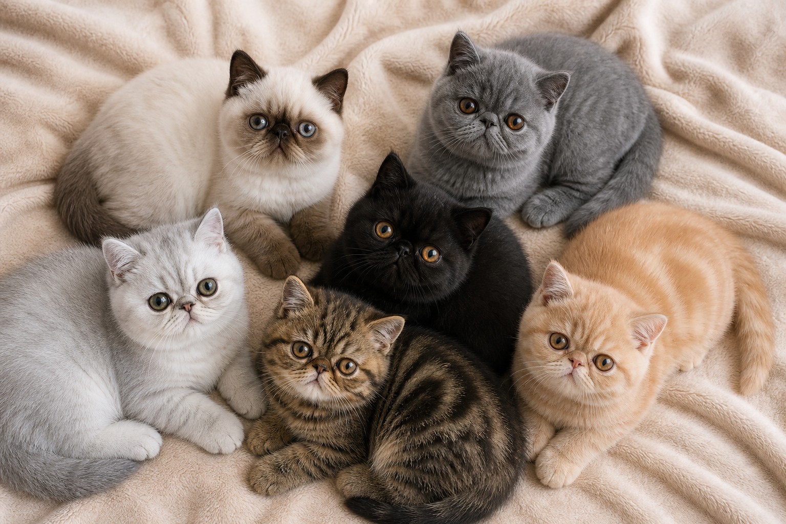 カラー違いのエキゾ子猫を俯瞰したフラットレイ