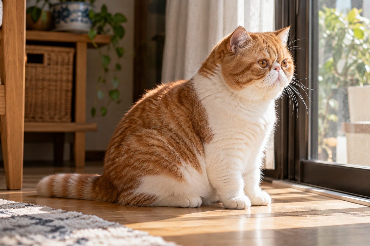 日の当たる窓辺の床に横向きで座る、茶白のエキゾチックショートヘアの成猫。平たい顔と丸い頭、厚みのある胸と太い脚で、ずんぐりした体つきが分かる
