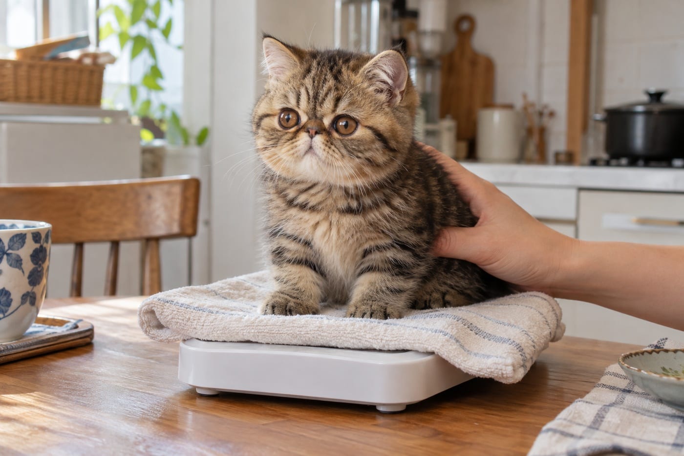 タオルを敷いたキッチンスケールの上に座る、キジトラのエキゾチックショートヘアの子猫と、体を支える手