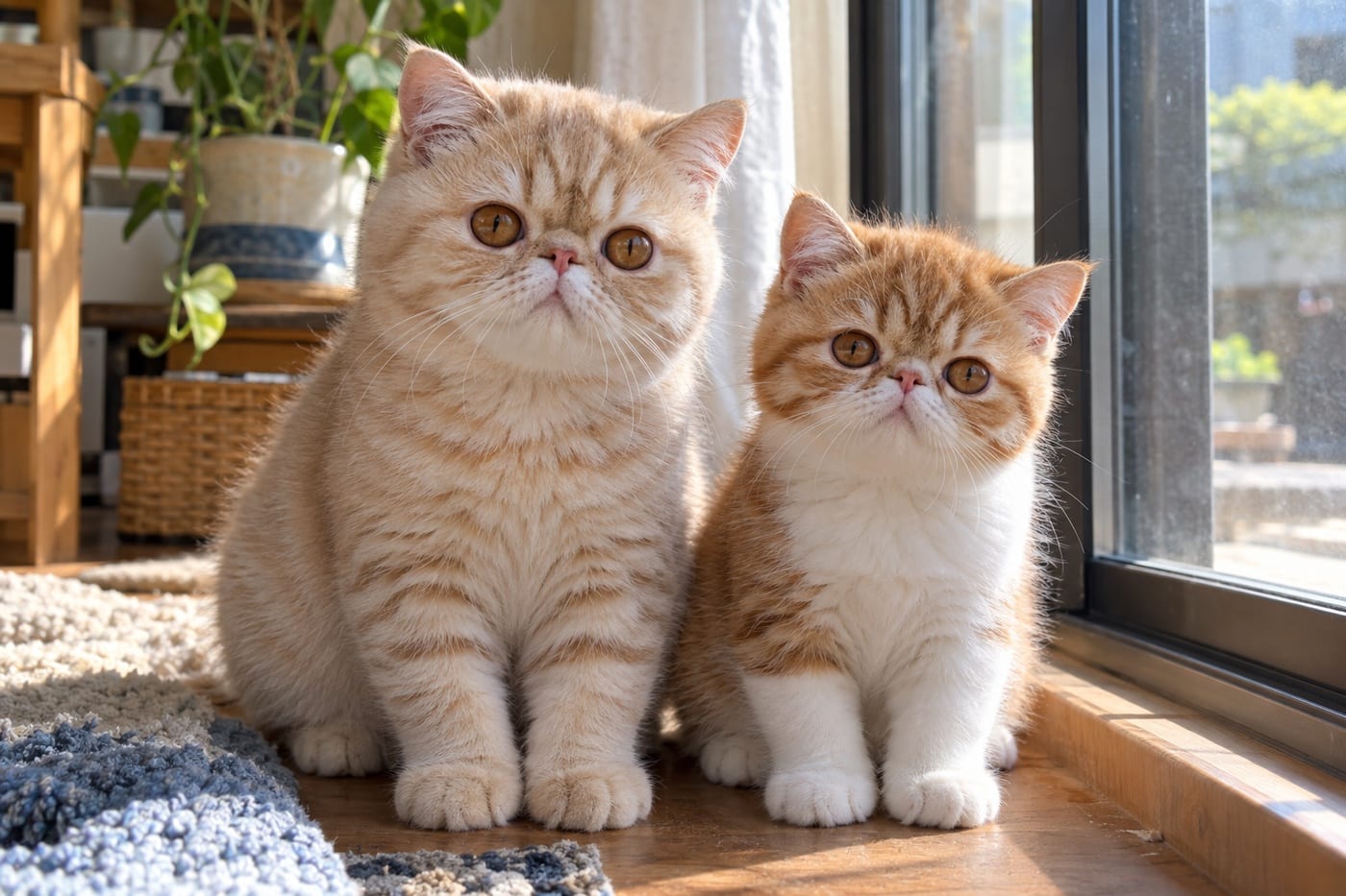 窓辺で並んで座る、2匹のエキゾチックショートヘアの子猫。左のクリーム色の縞の子が、右の茶白の子より少し大きい