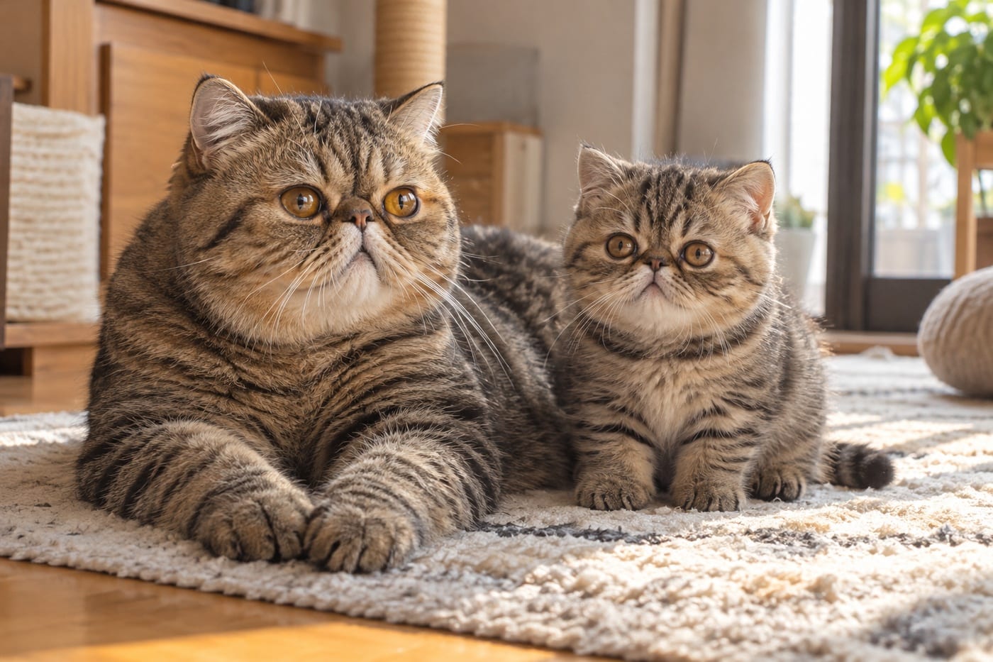 敷物の上で伏せるキジトラのエキゾチックショートヘアの成猫と、隣に座る同じ柄の子猫。頭の大きさと体の厚みの違いが分かる