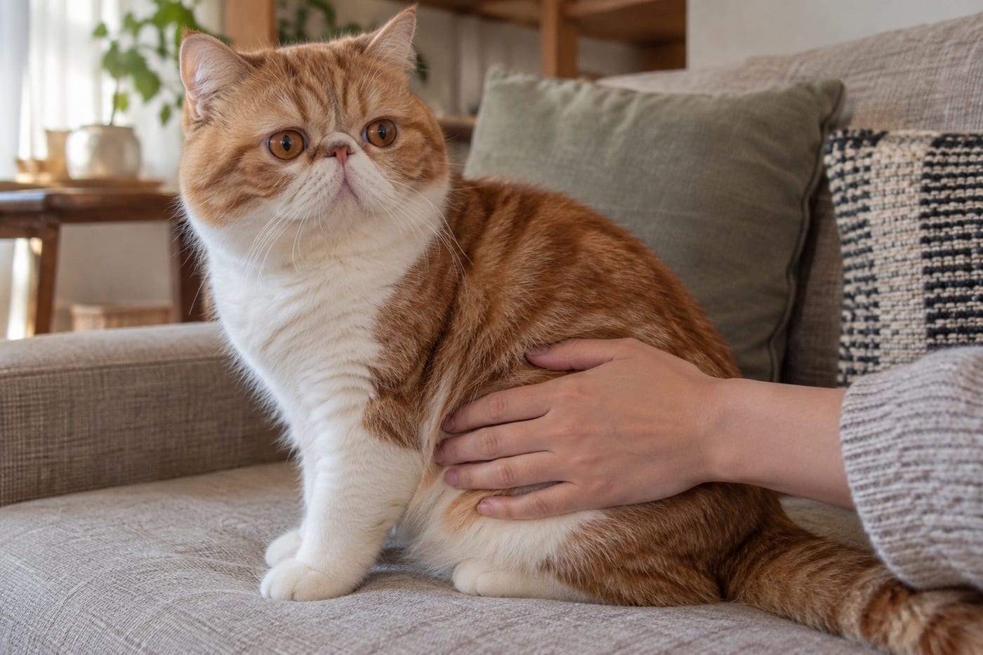 ソファに横向きに座る茶白のエキゾチックショートヘアの成猫の脇腹に、手のひらをそっと当てて、肋骨に触れるかどうかを確かめている手元