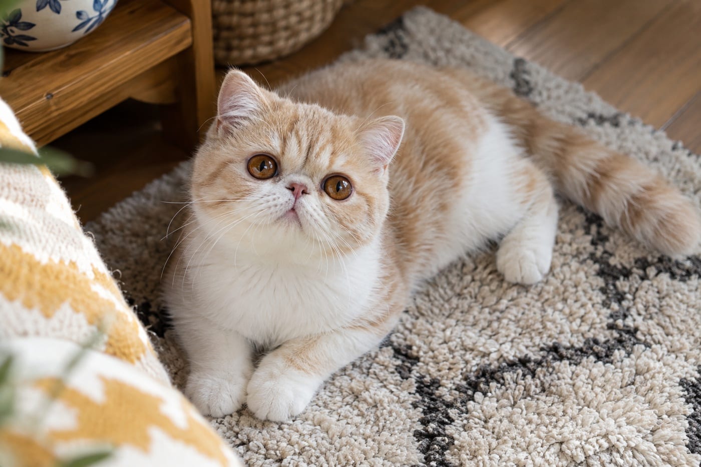 敷物の上に伏せて、丸い銅色の目でこちらを見上げる、クリームと白のエキゾチックショートヘアの子猫。鼻が短く、顔は平たい