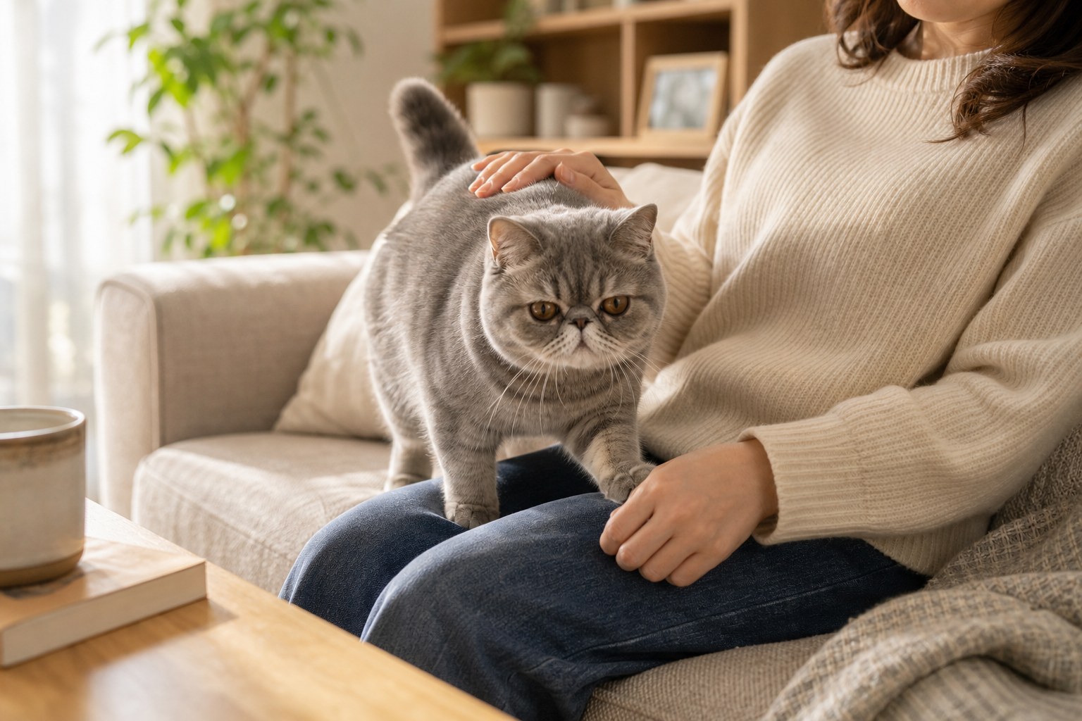 飼い主の膝に静かに寄り添うエキゾ