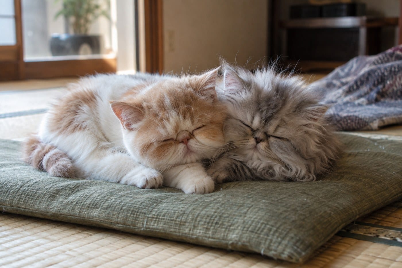 畳のクッションの上で寄り添って眠る、毛の短い子猫と毛の長い子猫。どちらも顔が丸い