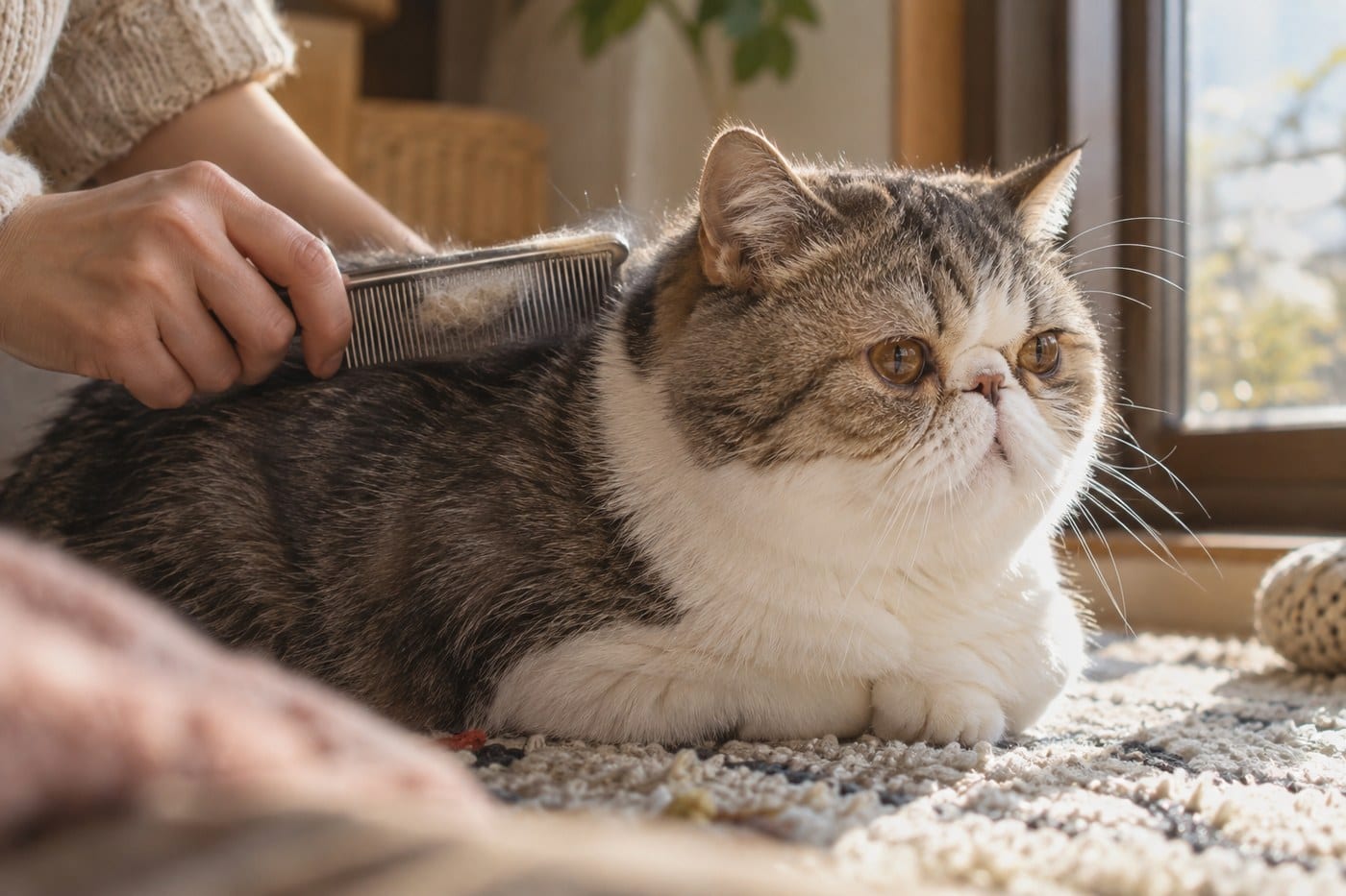 窓辺の敷物で、毛の短いエキゾチックの背中を、人の手が金属のコームでとかしている。コームに少し抜け毛がついている