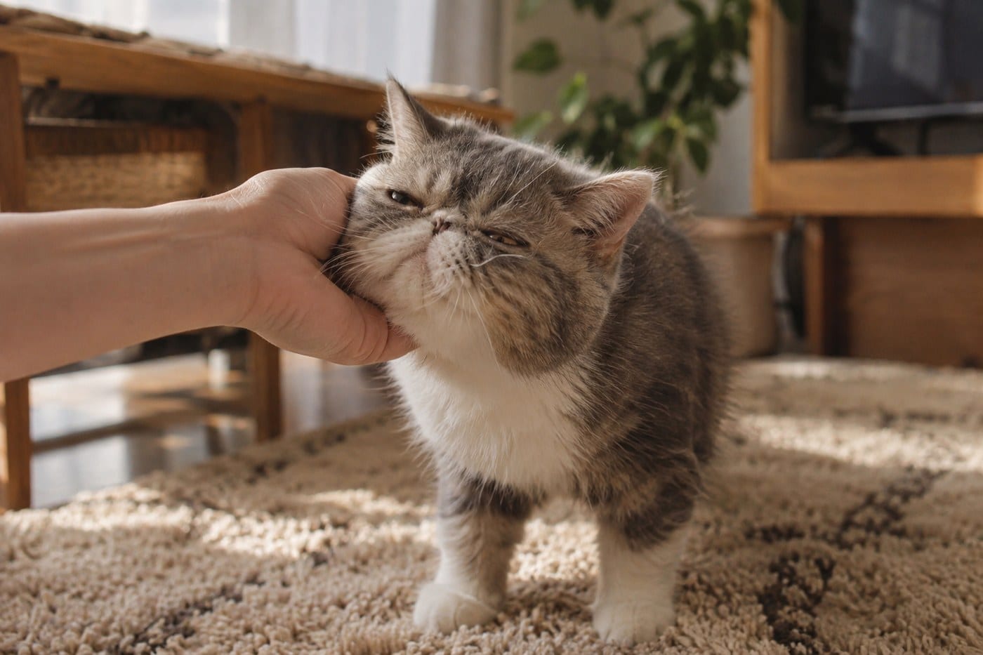 リビングのラグの上で、飼い主の手に顔を寄せるエキゾチックショートヘアの子猫