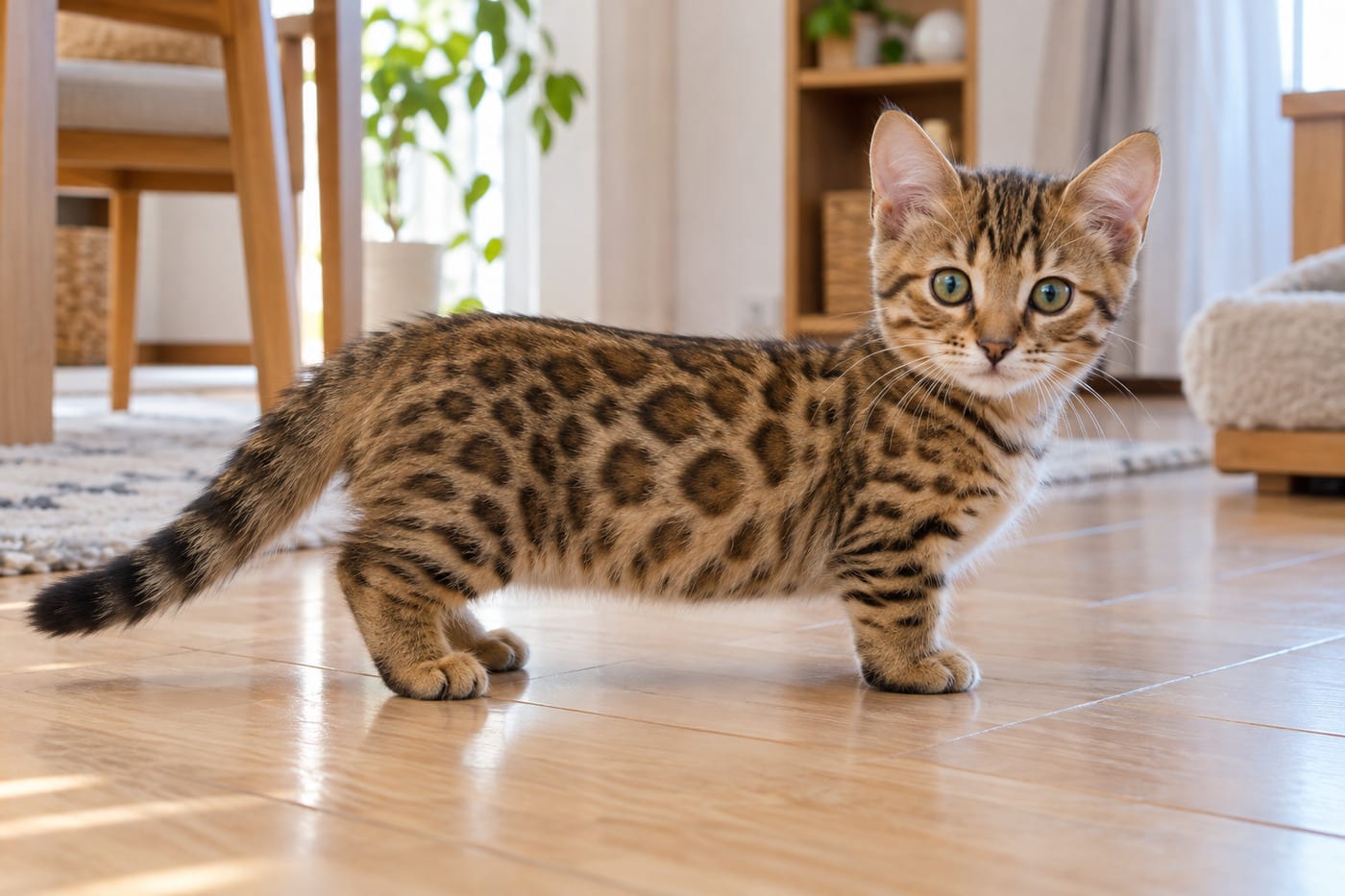 ヒョウのような斑点の柄で足の短いジェネッタの子猫が、フローリングに立ってこちらを見ている