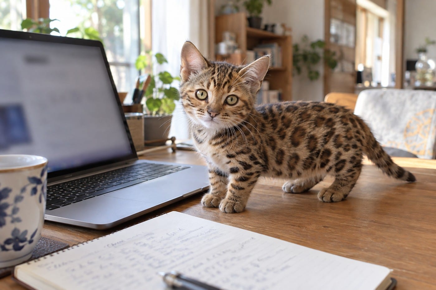 机の上のノートパソコンと手書きのノートのそばで、ヒョウ柄の足の短い子猫が立ってこちらを見ている