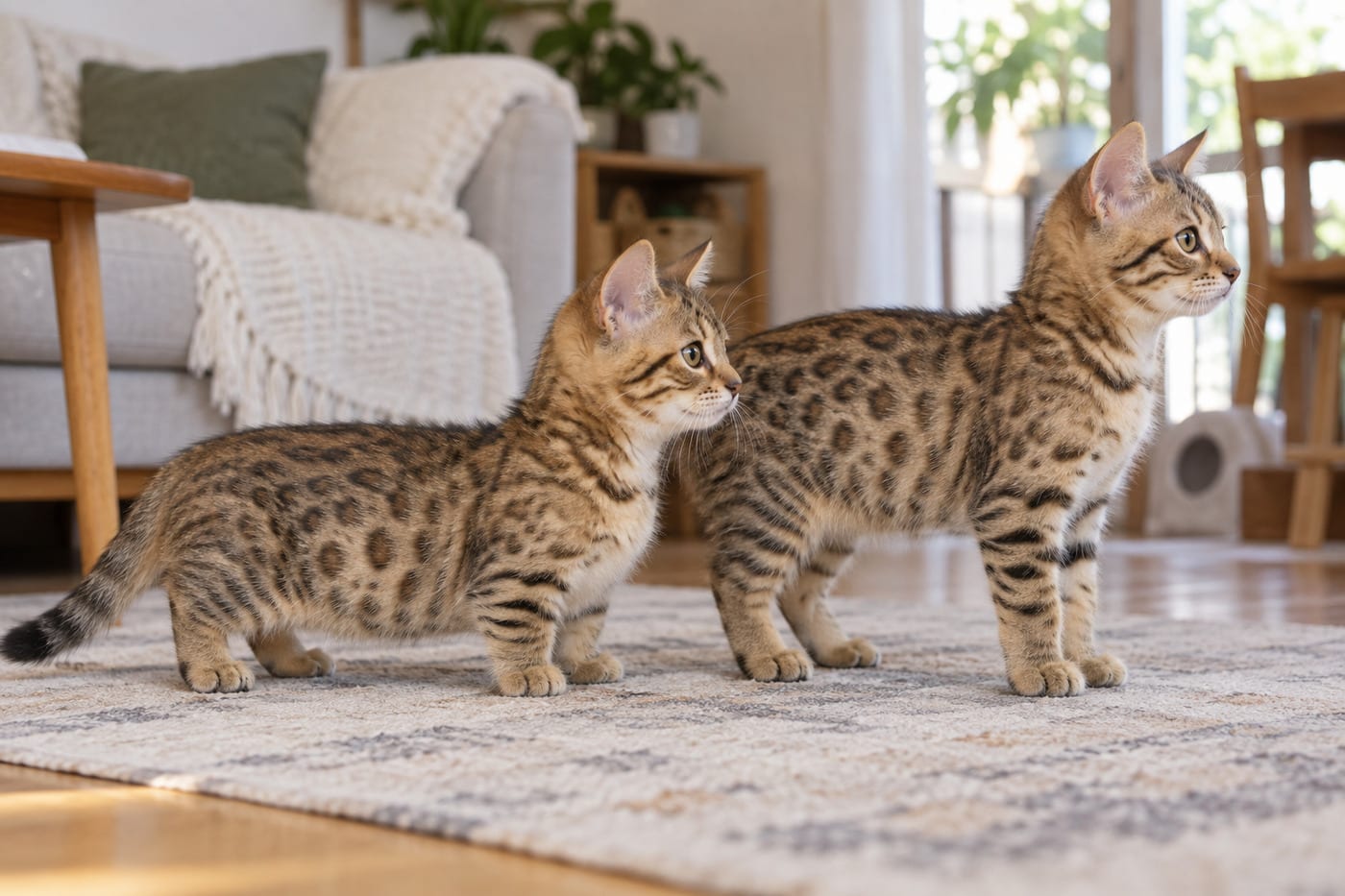 同じヒョウ柄で足の長さだけが違う、足の短いジェネッタの子猫と、足の長いジェネッタの子猫が横向きに並んで立っている