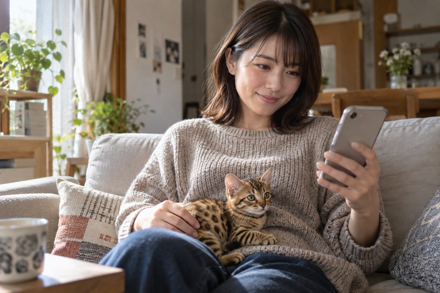 子猫を膝に乗せた飼い主さんが、スマホの画面で子猫の掲載を見比べている