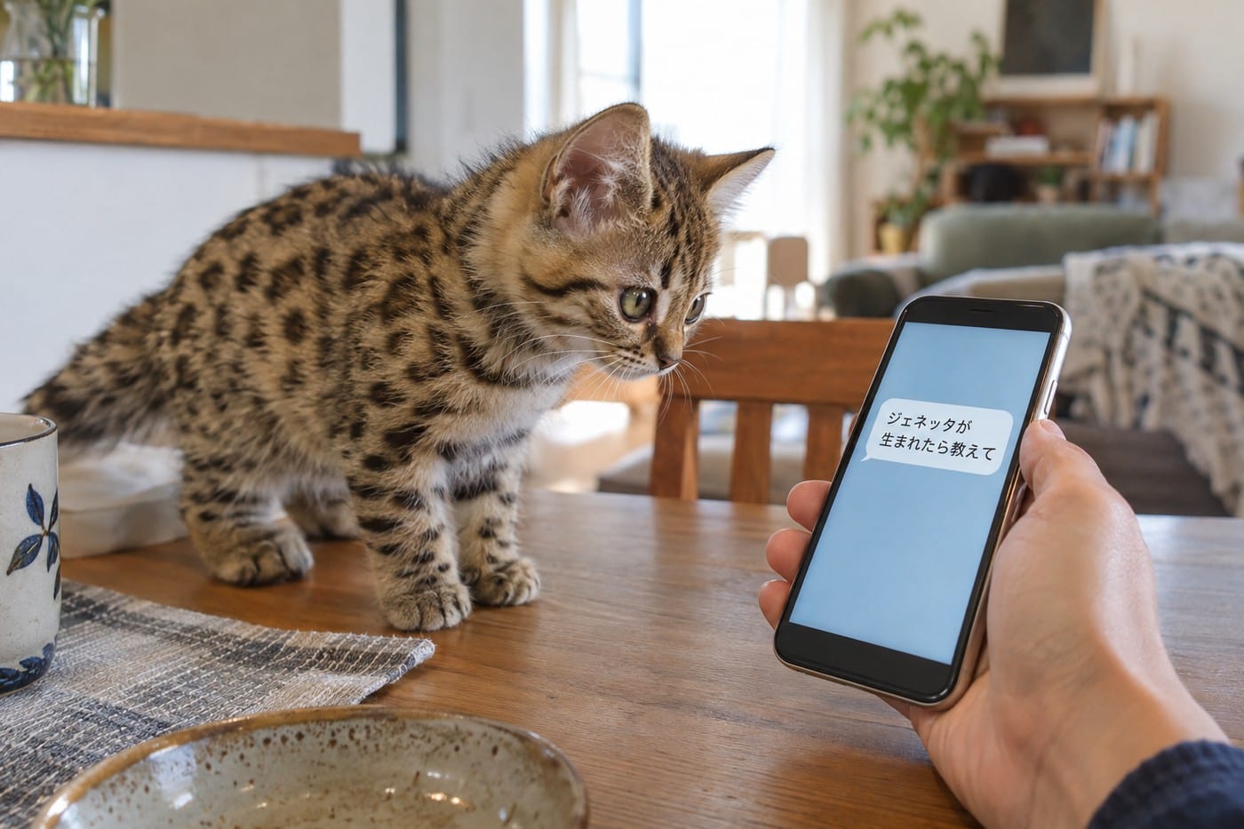 ジェネッタの子猫のそばで、スマホの画面に「ジェネッタが生まれたら教えて」というメッセージを打つ人の手