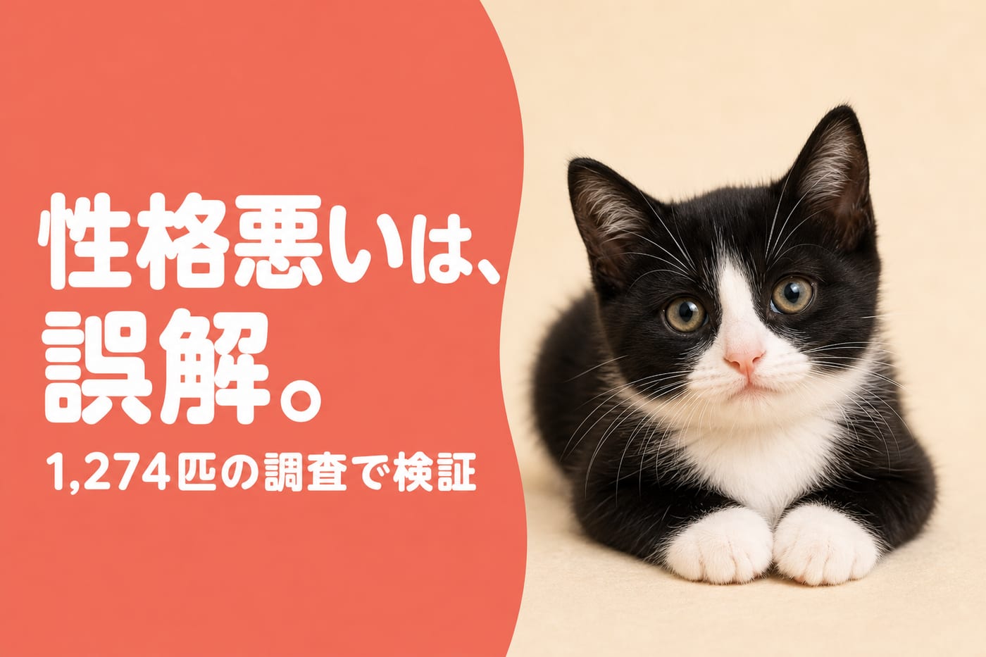 性格悪いは誤解と伝えるサーモン帯バナーと前足を揃えてくつろぐハチワレの子猫