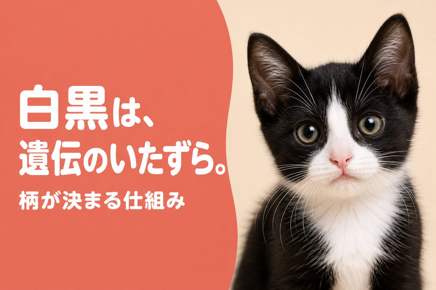 白黒は遺伝で決まると伝えるサーモン帯バナーとハチワレの子猫のクローズアップ