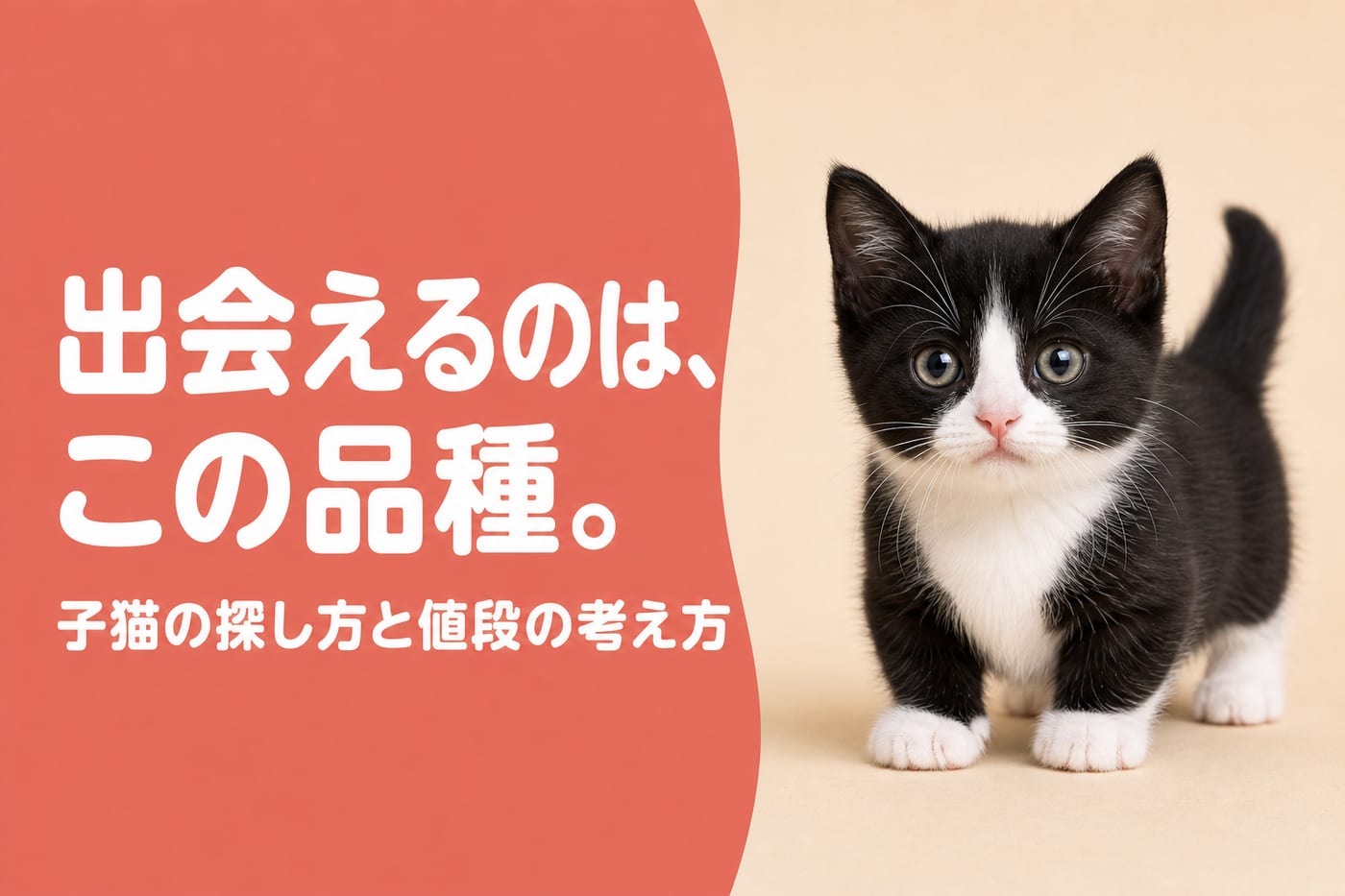 出会えるのはこの品種と伝えるサーモン帯バナーと短足のハチワレ柄マンチカンの子猫