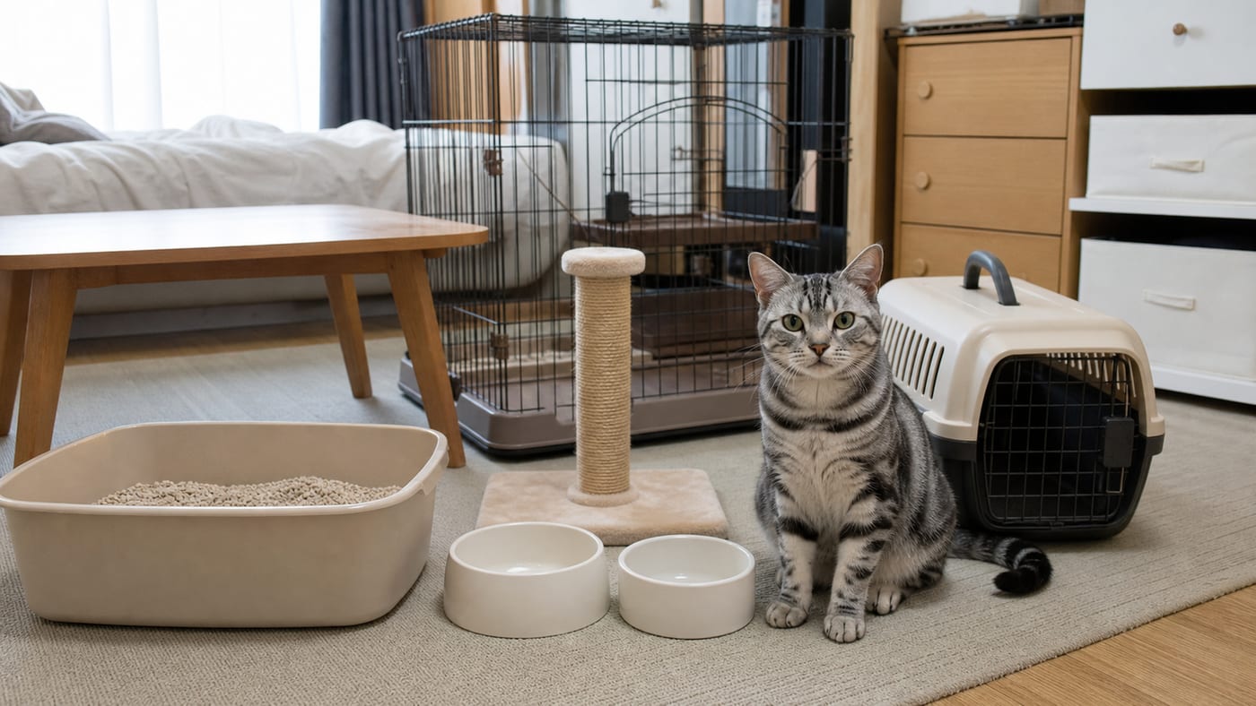 トイレ・ケージ・食器・爪とぎ・キャリーを並べた部屋と、その横に座る猫