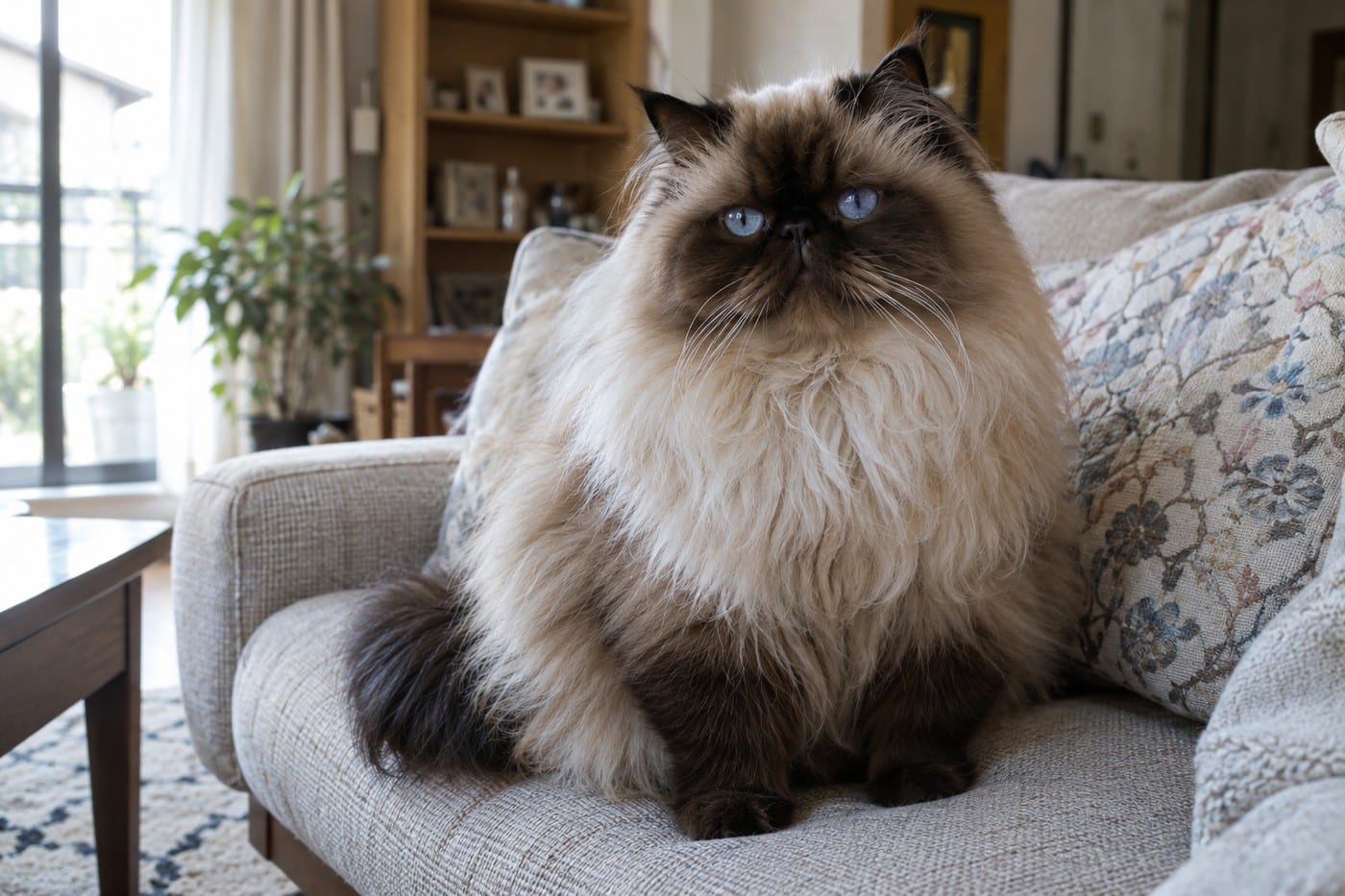 ソファの上でゆったり座るヒマラヤンの成猫。豊かな長毛で体が大きく見え、足は短くがっしりしている