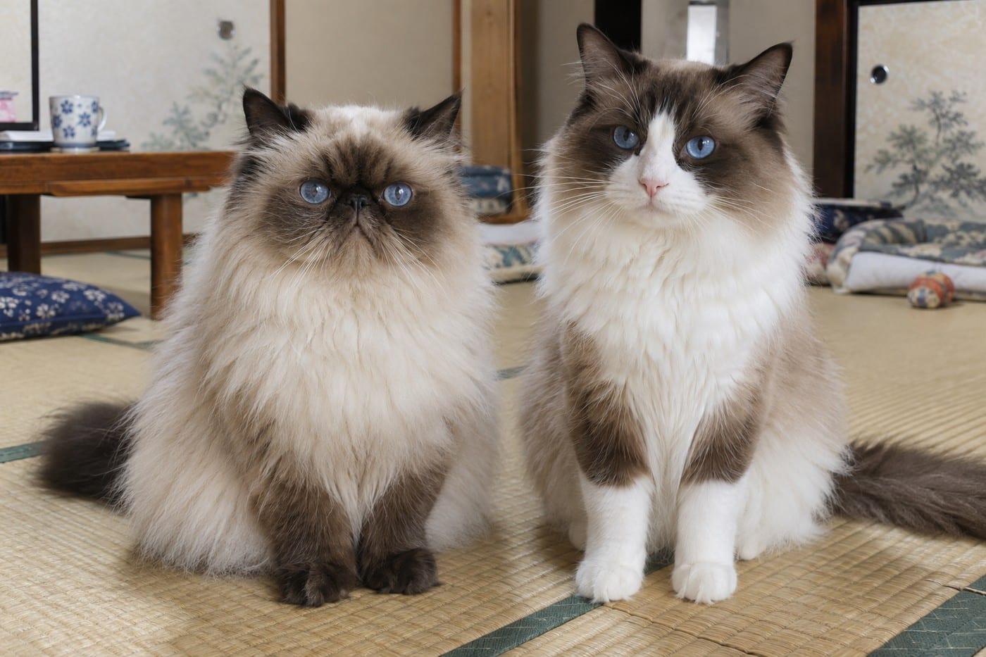 畳の部屋で並んで座る、ヒマラヤン（左）とバイカラーのラグドール（右）。どちらも顔と耳が濃い色で青い目。ヒマラヤンは鼻が短く顔が平ら、ラグドールは鼻すじがまっすぐ