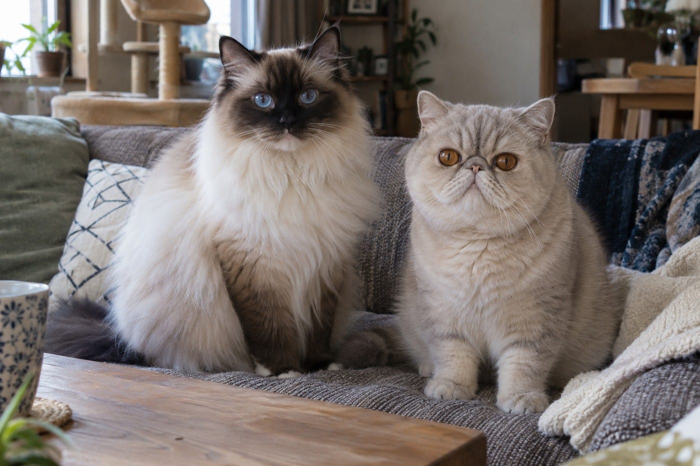 ソファに並ぶ、青い目で顔と耳が濃い色のラグドールの成猫と、丸顔で鼻の短い短毛のエキゾチックショートヘアの成猫