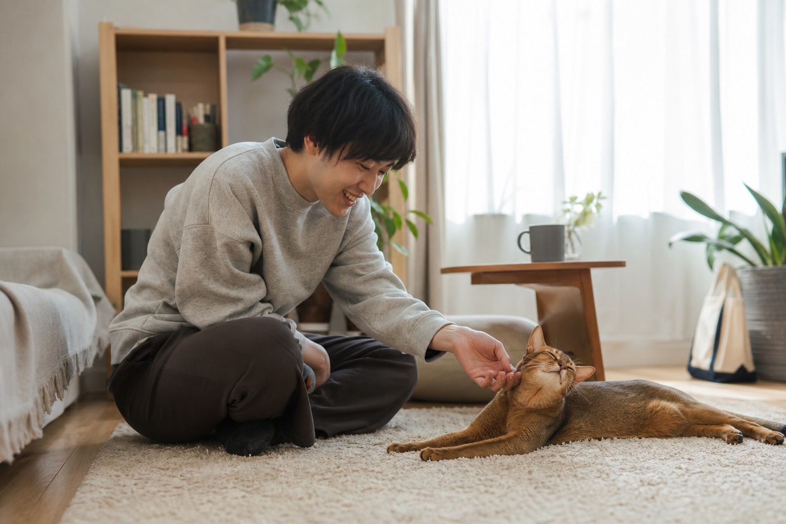 一人暮らしの飼い主と猫がくつろぐ部屋