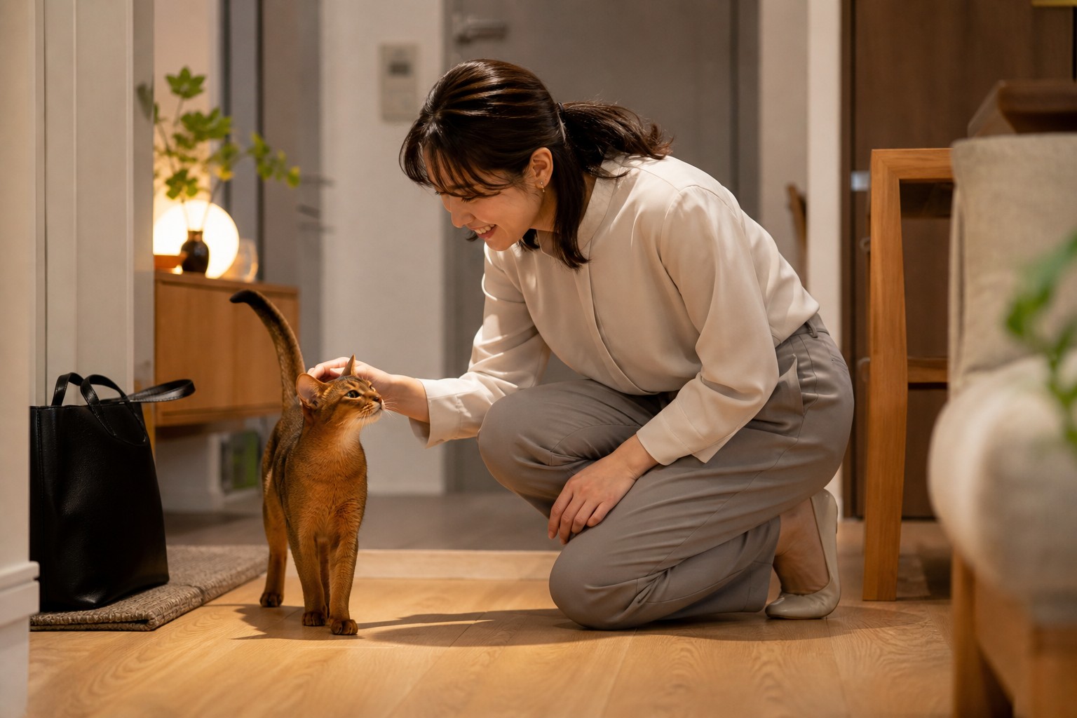 仕事帰りに猫と再会する飼い主の温かな夕方