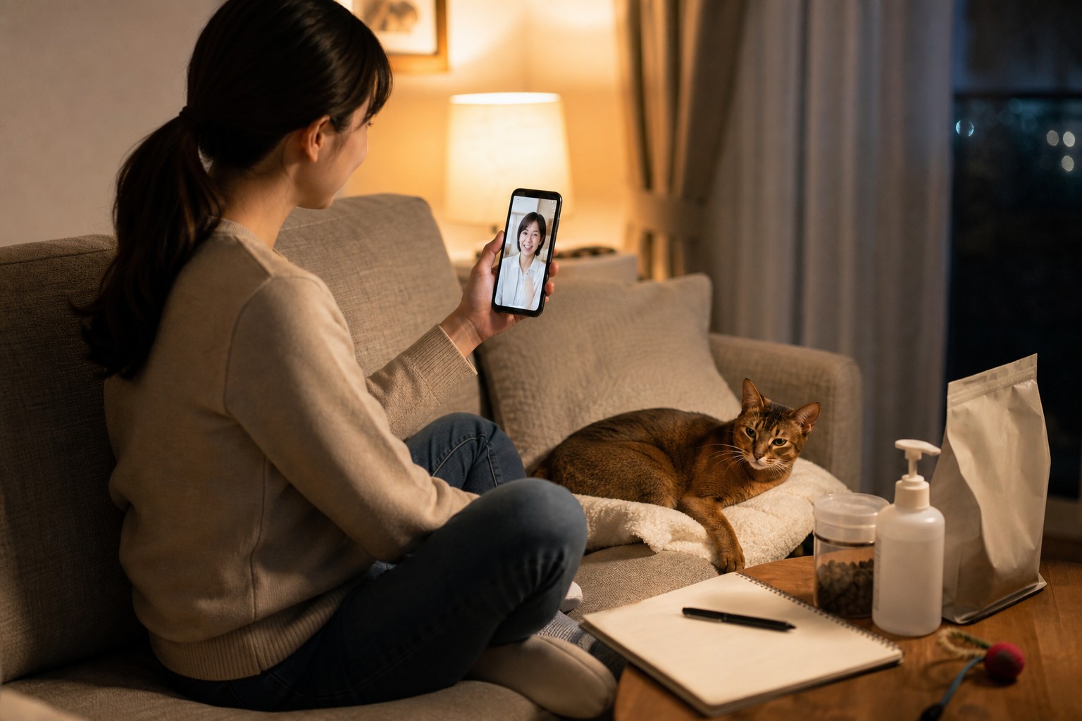 夜にLINEでブリーダーに相談する一人暮らしの飼い主