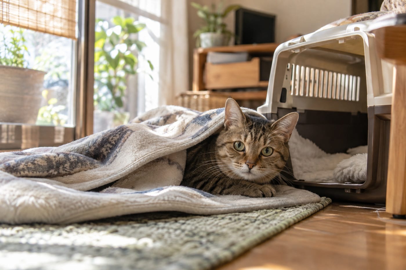 日の当たる部屋の床で、扉の開いたキャリーのそばの毛布から顔だけ出して、こちらを見ているキジトラの猫