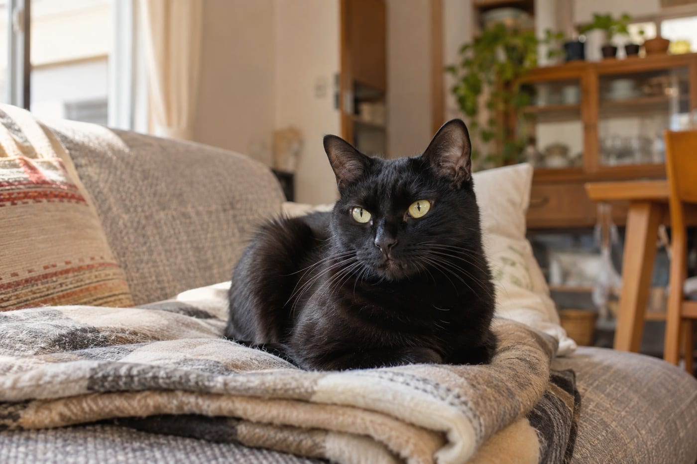 家のソファにたたんだ毛布の上で、くつろいでこちらを見る黒猫