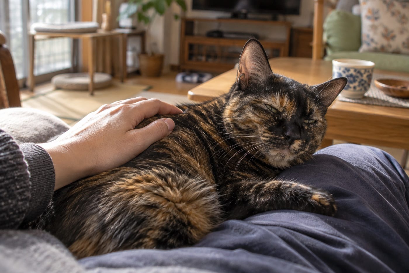 ひざの上でくつろぐサビ猫を、やさしくなでる人の手元。猫は目を細めている