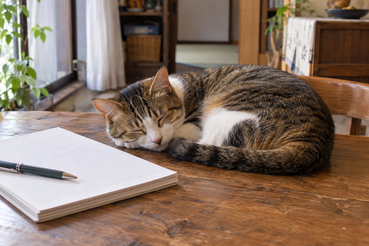 テーブルに置いたノートとペンの横で、丸くなって眠るキジ白の猫