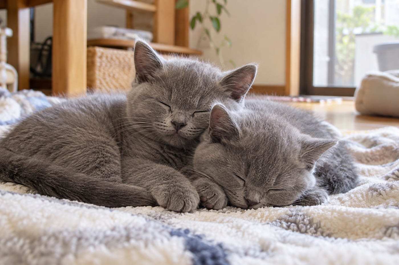 ふかふかの毛布の上で寄りそって眠る、ブルーのブリティッシュショートヘアの子猫2匹