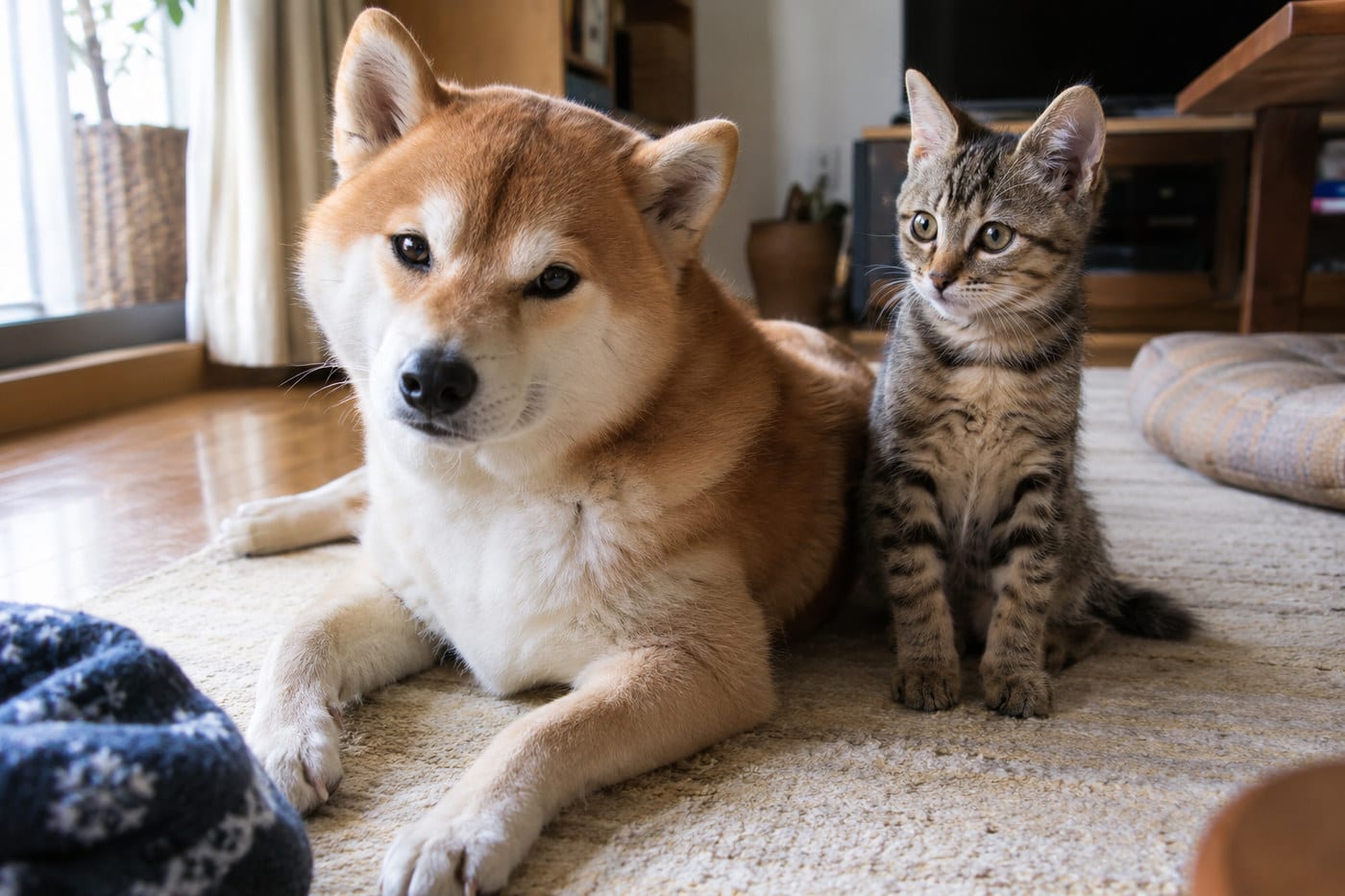 リビングのカーペットに伏せる柴犬と、その隣に座るキジトラの子猫