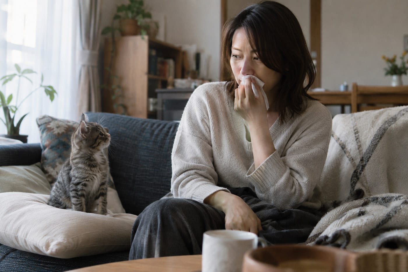 ソファでティッシュを鼻に当て、隣のクッションに座る子猫を見つめる女性