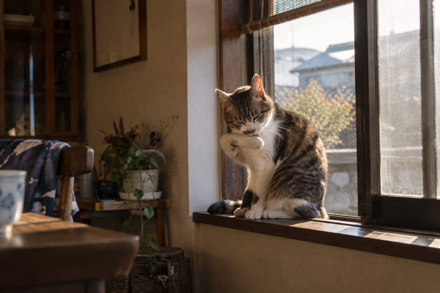 窓辺の日だまりに座り、前足をなめて毛づくろいをする猫
