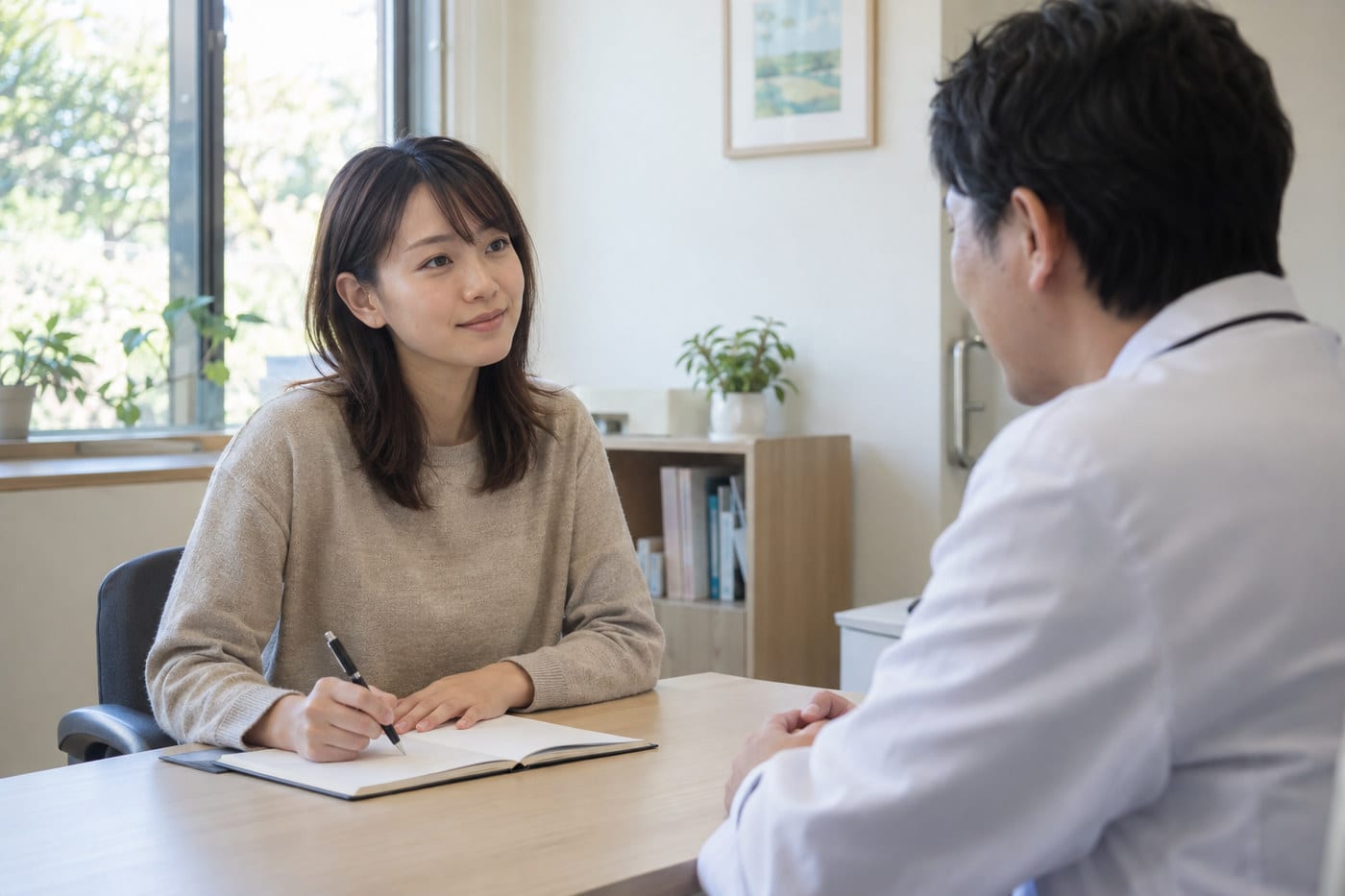 診察室で白衣の医師と向き合い、ノートにペンでメモをとる女性