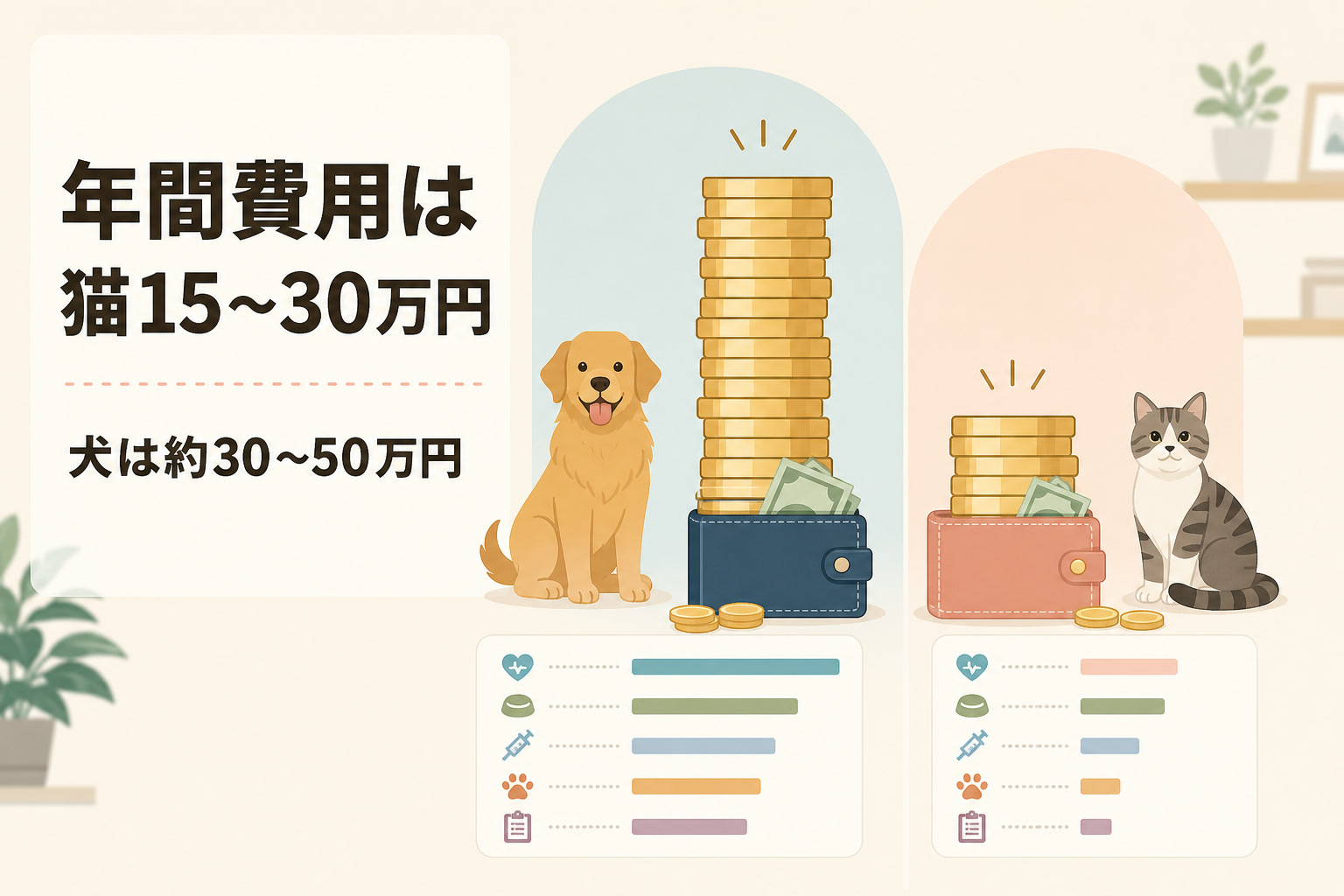 年間費用は猫15〜30万円・犬30〜50万円の比較インフォグラフィック