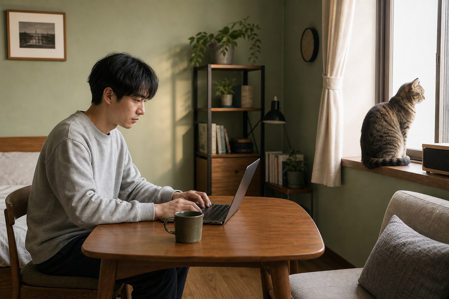 在宅ワークする人の傍らで窓辺に静かに座る猫。留守がち・忙しい暮らしと相性の良い並走型の関係