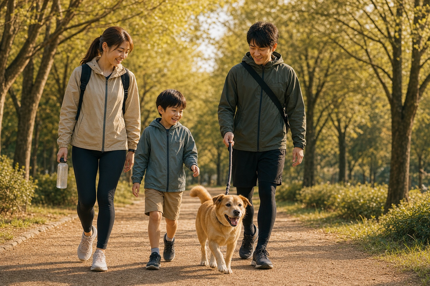公園の並木道で犬を散歩させる3人家族。一緒に外で過ごすアクティブな暮らしに向く