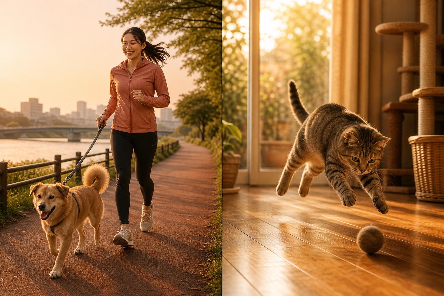 犬と川沿いをジョギングする人と、室内でボールに跳びつく猫の対比。運動の仕方が異なる