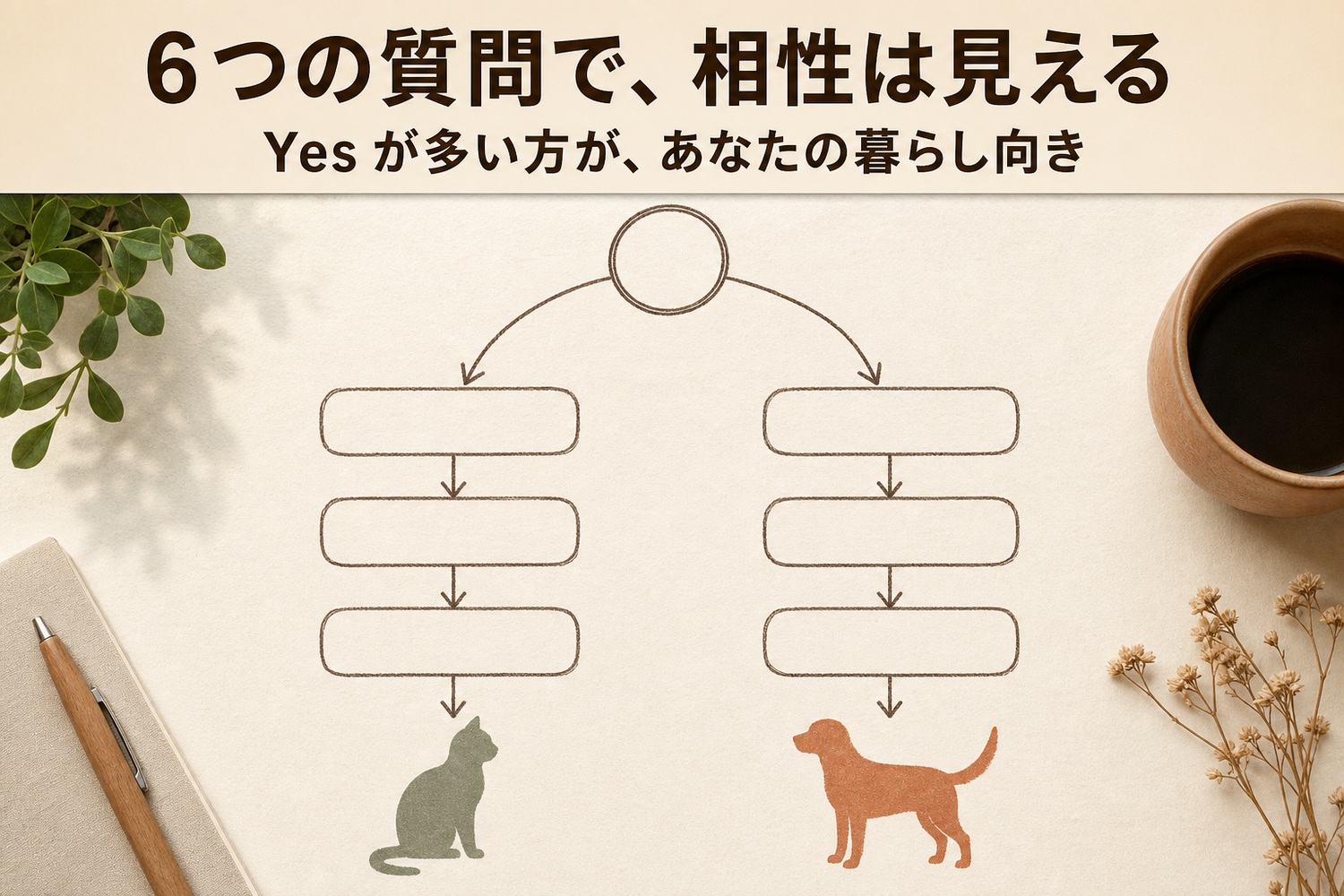 猫と犬に分岐するフローチャートのジャーナル風イラスト。6つの質問で相性は見える、Yesが多い方があなたの暮らし向き