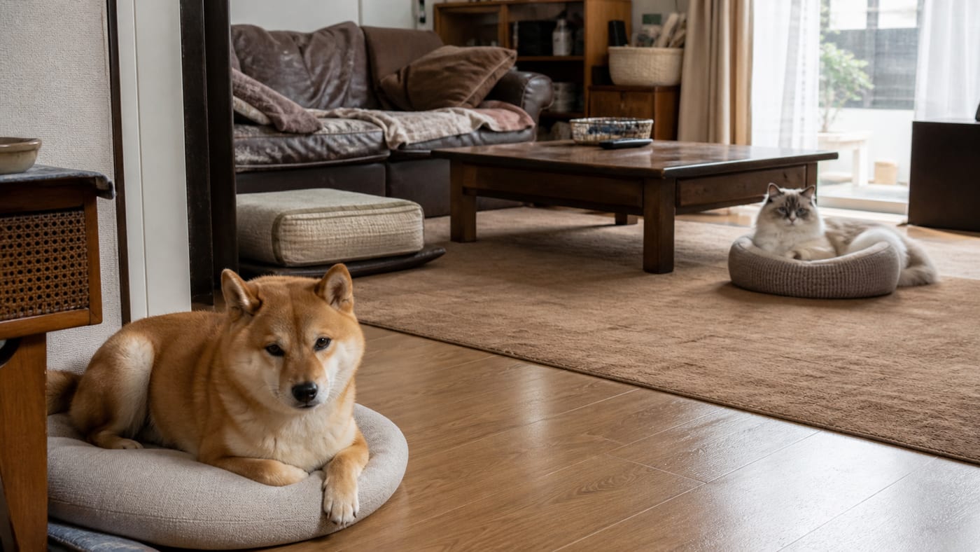 同じリビングで、柴犬と長毛の猫がそれぞれ自分のベッドで距離を取ってくつろいでいる様子