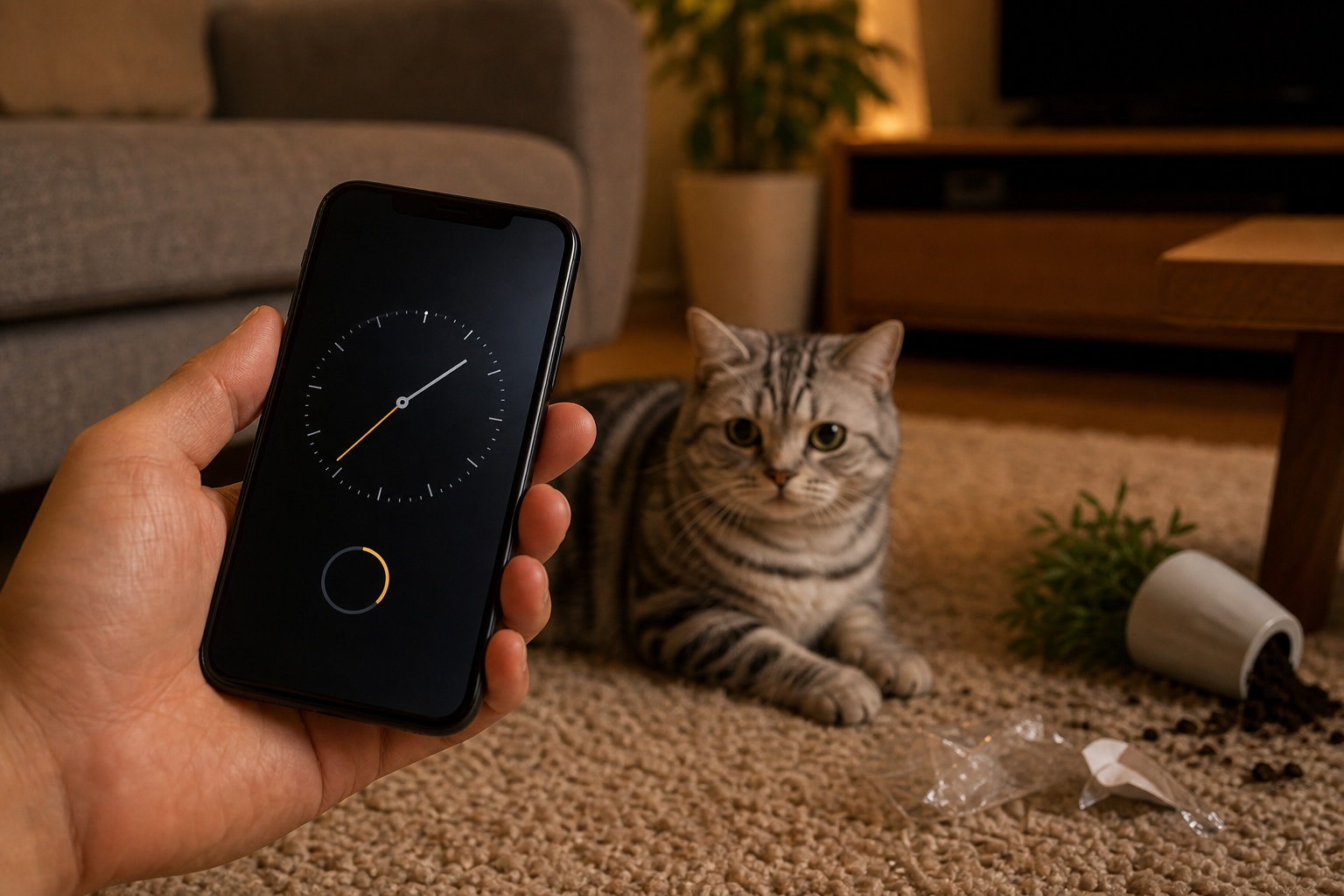 スマホのタイマーと背景の猫・誤食後の経過時間と緊急度判断を示すドキュメンタリー写真