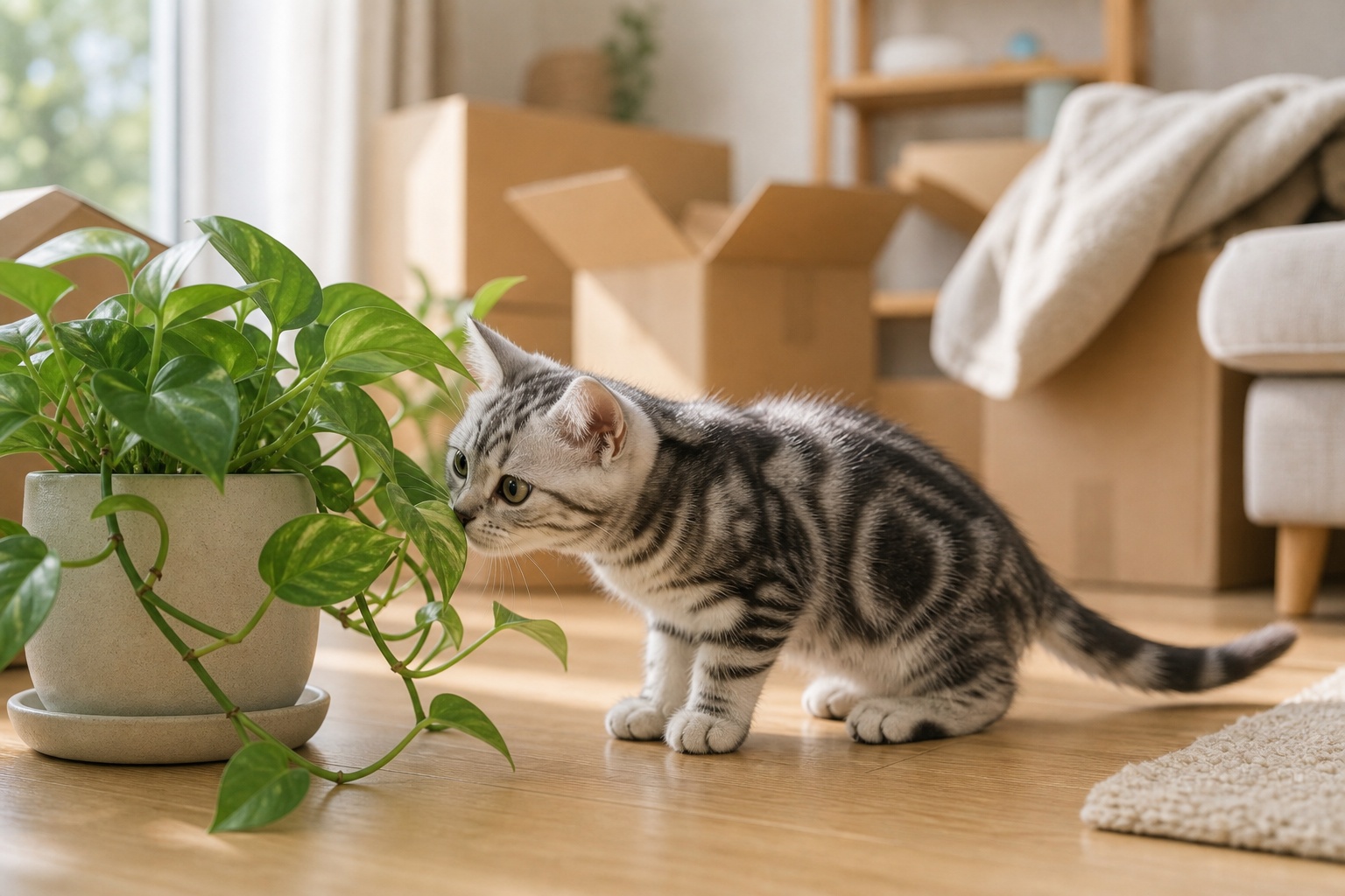 新居で観葉植物の鉢に近づく好奇心旺盛な子猫の探索シーン