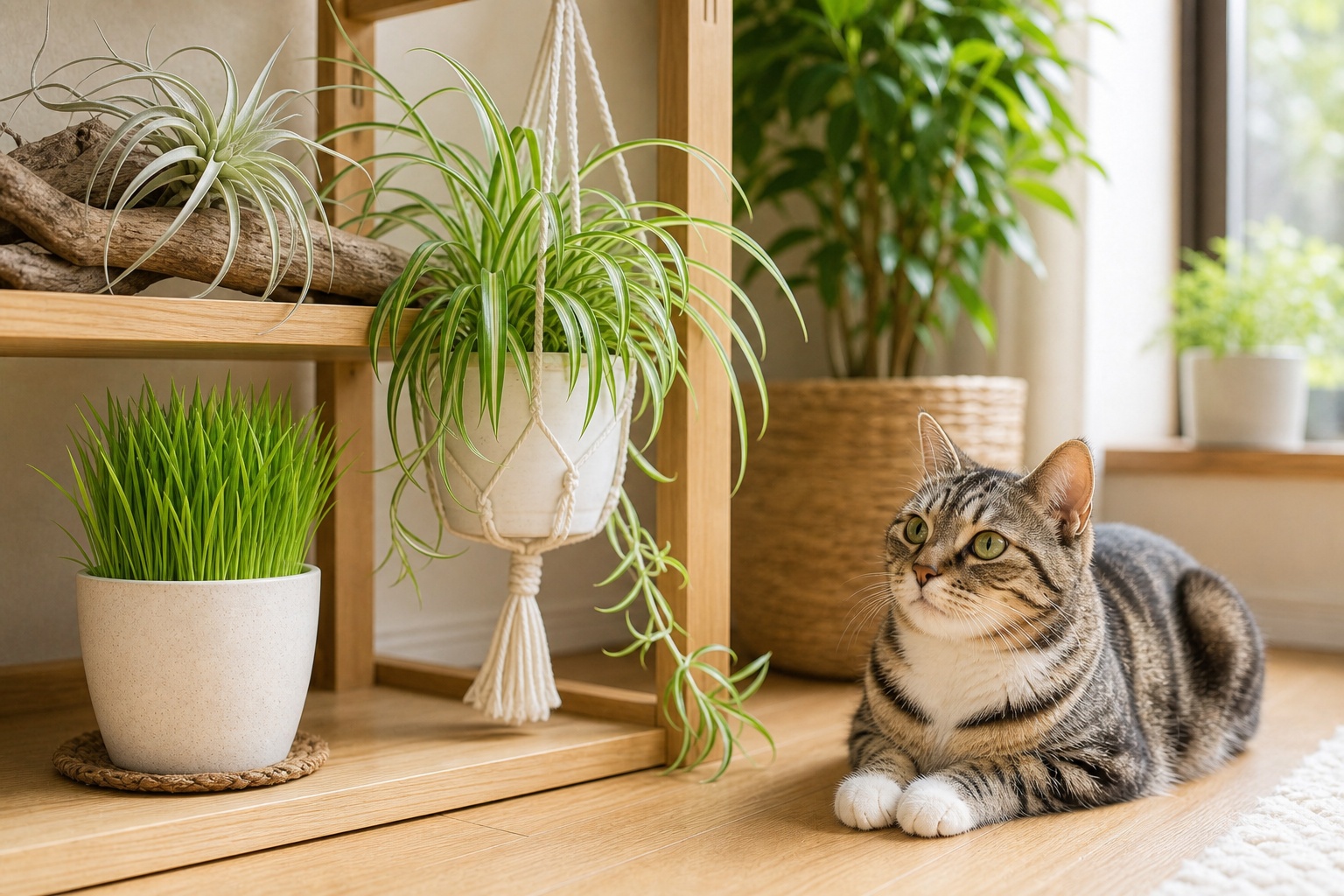 エアプランツ・オリヅルラン・キャットグラスと寛ぐ猫の安全インテリア