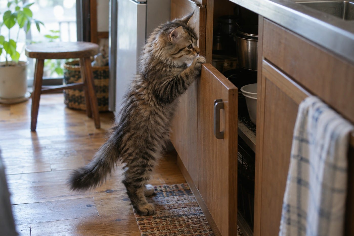 サイベリアンの子猫が、少し開いた戸棚の扉に前足をかけて、中をのぞきこんでいる