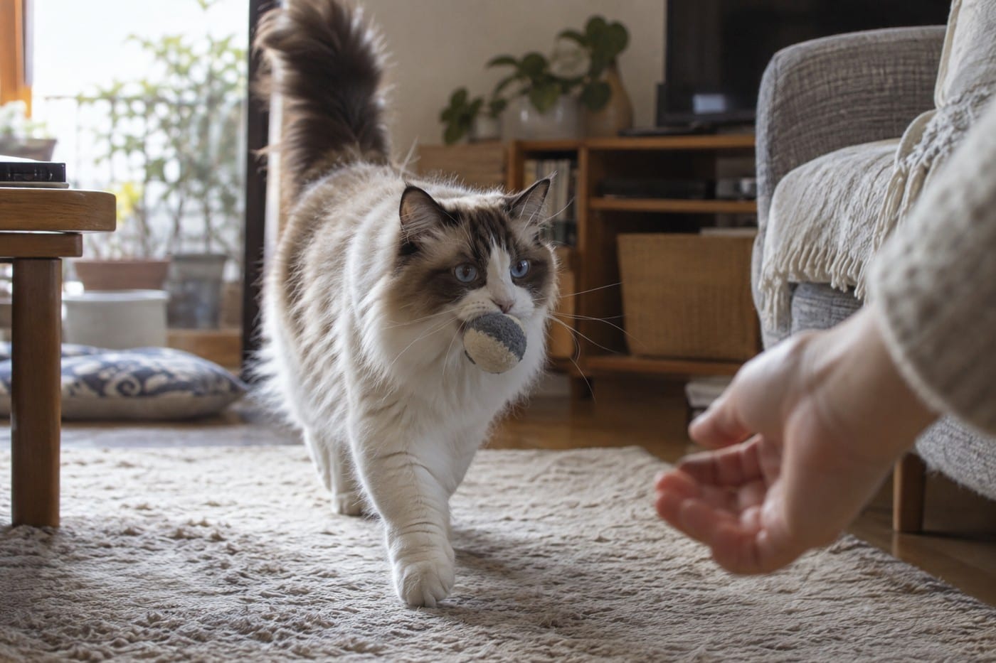 ラグドールが、投げられた小さなボールをくわえて、飼い主のところへ戻ってくる