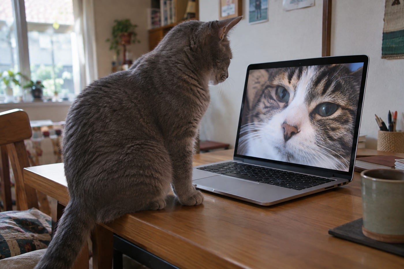 グレーの短毛の猫が、ノートパソコンの画面に映った猫の顔を、じっと見つめている