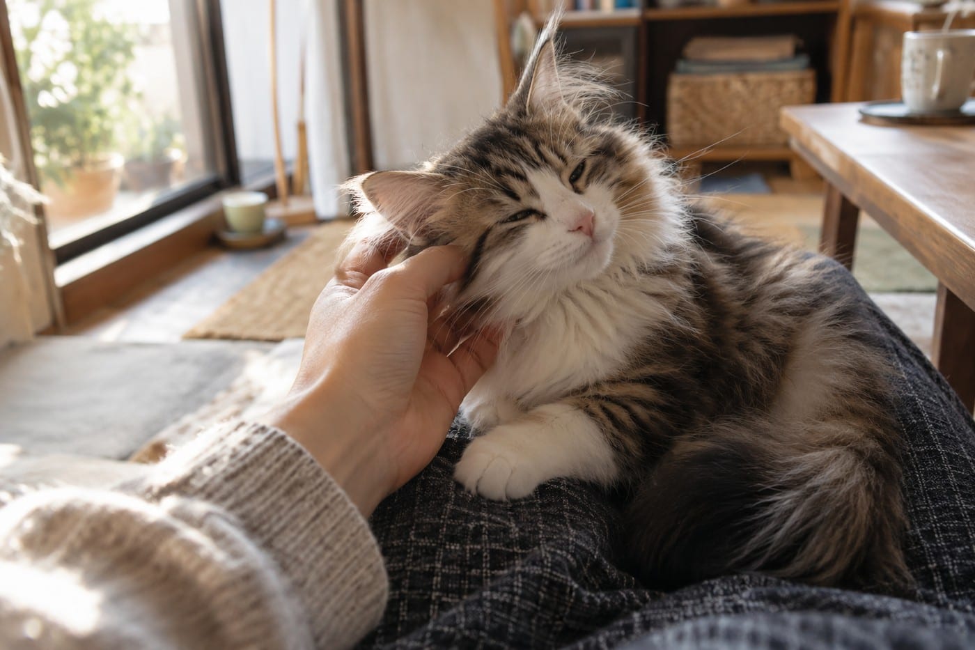 ノルウェージャンフォレストキャットの子猫が、飼い主の膝の上で丸くなり、差し出された手に頭をこすりつけている